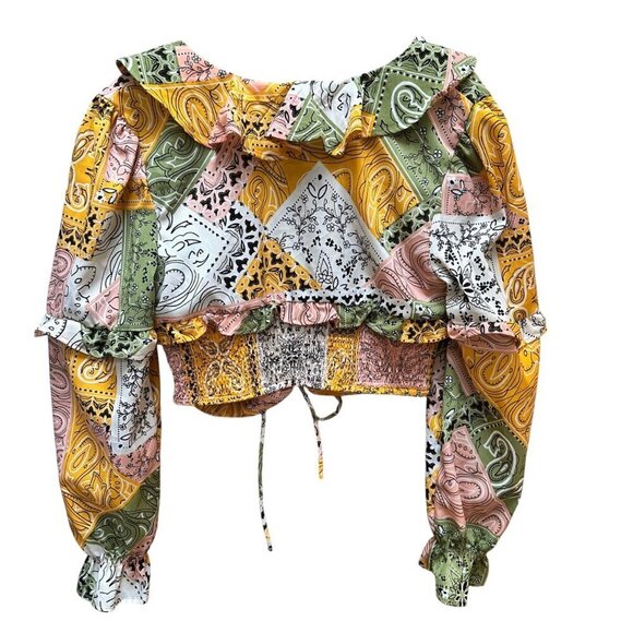 NWT Jolie & Joy Blouse Cropped Tie Front Ruffle Patchwork Gypsy Boho Festival LG - Picture 6 of 11